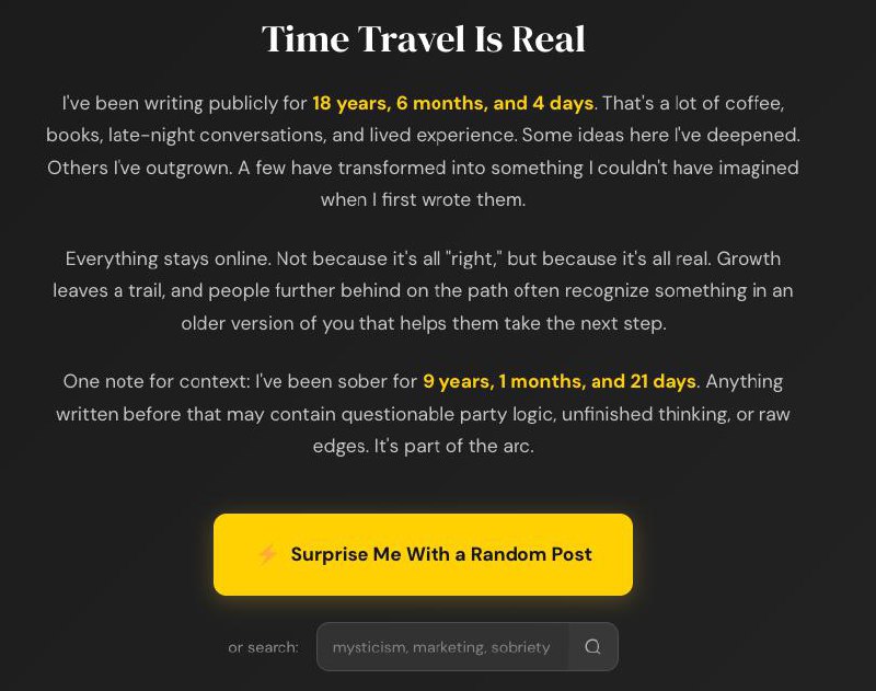 Time Machine Widget showing 18 years of writing with Surprise Me button